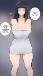 1girl arms_behind_back bangs black_hair blunt_bangs breasts cleavage closed_mouth curvy english_text grey_background heart hime_cut hyuuga_hinata kisou_(kisou00) large_breasts long_hair naked_towel naruto_(series) naruto_shippuuden paid_reward_available purple_eyes pussy_juice raised_eyebrows solo speech_bubble straight_hair thighs towel trembling 