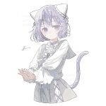  1girl absurdres animal_ears bow bowtie brooch cat_ears cat_girl cat_tail dress ear_covers expressionless highres jewelry long_sleeves looking_at_viewer original own_hands_together purple_eyes purple_hair short_hair simple_background solo tail upper_body white_background yuge_kemuri 