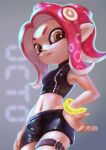  1girl agent_8_(splatoon) armpits black_shirt black_skirt bracelet breasts brown_eyes hand_on_own_hip highres jewelry lew1225 long_hair looking_at_viewer midriff miniskirt navel octoling octoling_girl pointy_ears red_hair shirt skirt sleeveless sleeveless_shirt small_breasts solo splatoon_(series) splatoon_2 splatoon_2:_octo_expansion stomach suction_cups tentacle_hair thigh_strap thighs 