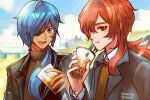  2boys black_jacket blue_eyes blue_hair blue_sky brown_sweater bubble_tea cloud cloudy_sky collared_shirt day diluc_(genshin_impact) genshin_impact highres jacket kaeya_(genshin_impact) long_hair multiple_boys open_mouth outdoors red_eyes red_hair shadow shirt sky smile sparkle sweater white_shirt xindi 