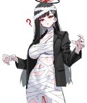  1girl ? black_hair black_shirt blue_archive breasts cleavage halloween halloween_costume halo large_breasts long_hair long_sleeves looking_at_viewer mummy_costume mx2j navel red_eyes rio_(blue_archive) shirt simple_background solo standing white_background 