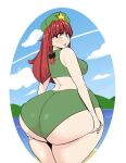  1girl ass ass_focus ass_grab bikini breasts curvy highres hong_meiling huge_ass large_breasts long_hair looking_back petapeta red_hair sky solo swimsuit thick_thighs thighs touhou wide_hips 