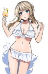  absurdres bikini blue_eyes blush breasts cleavage cup frilled_bikini frills hair_bun highres holding holding_cup kantai_collection light_brown_hair long_hair looking_at_viewer medium_breasts parted_lips ranger_(kancolle) simple_background sketch solo swimsuit tropical_drink white_background white_bikini yunamaro 
