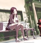  1girl bag belt bench breasts brown_hair circle_a dress fire_hydrant hamazaki_risa head_rest imaizumin-chi_wa_douyara_gal_no_tamariba_ni_natteru_rashii large_breasts long_hair long_sleeves looking_at_viewer outdoors sandals sitting solo 