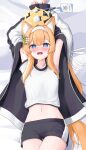  1girl animal_ears blue_archive blue_eyes daran9 fox_ears gym_uniform halo highres long_hair looking_at_viewer mari_(blue_archive) mari_(track)_(blue_archive) orange_hair restrained shirt solo white_shirt 