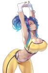  1girl bandaged_hand bandages blue_hair breasts cammy_stretch_(meme) cleavage highres hot_vr meme midriff multicolored_hair navel red_hair skindentation solo streaked_hair street_fighter street_fighter_6 stretching tank_top yellow_tank_top zoey_(hot_vr) 