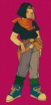  1boy android_17 belt black_hair black_shirt denim dragon_ball dragon_ball_z full_body jeans open_mouth pants pikurusu pink_background red_belt shirt simple_background solo standing 