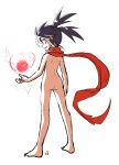  1girl ass bangs barefoot black_hair blue_eyes from_behind full_body hair_between_eyes looking_at_viewer looking_back muu_(mumumer) naked_scarf nell_(muu) original red_scarf scarf simple_background smile solo standing twintails white_background 