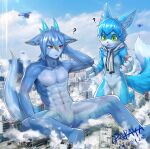  abs anthro blue_body blue_fur blue_hair blue_sky cloud day duo featureless_crotch fur glistening glistening_eyes green_eyes hair hi_res kneeling macro male navel nude open_mouth outside papayafurry pecs red_eyes sitting sky species_request young 