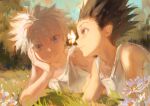  2boys blue_eyes bug butterfly commentary_request flower gon_freecss hand_on_own_face highres hunter_x_hunter killua_zoldyck looking_at_animal male_focus morning multiple_boys on_grass outdoors painting_(medium) scenery spiked_hair tank_top teeth traditional_media yu_333o 
