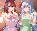  animal apron baby blurry bottle braid breasts casual cleavage collarbone crown highres horse marimo_maru mejiro_ardan_(umamusume) pov rattle stream super_creek_(umamusume) tail 