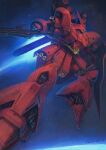  beam_rifle char&#039;s_counterattack energy_gun english_commentary gundam highres in_orbit machinery mecha missile_pod mobile_suit no_humans realistic robot sazabi science_fiction shield signature space starry_background thomas-elliott-art thrusters weapon zeon 
