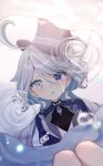  1girl ahoge ascot blue_ascot blue_brooch blue_eyes blue_hair blue_headwear blue_jacket crying crying_with_eyes_open furina_(genshin_impact) genshin_impact hat heterochromia highres jacket light_blue_hair long_hair looking_at_viewer luna_(luna610) mismatched_pupils parted_lips reflection reflective_water solo swept_bangs teardrop tearing_up tears top_hat twitter_username 