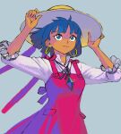  1girl blue_eyes blue_hair bob_cut closed_mouth dark-skinned_female dark_skin dress earrings frills fushigi_no_umi_no_nadia hoop_earrings jewelry nadia_la_arwall necklace ribbon short_hair simple_background smile solo urasato 