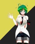  1girl absurdres ahoge antennae arm_behind_back bare_shoulders belt black_background black_shorts black_thighhighs blush breasts button_gap collared_shirt commentary_request covered_nipples green_eyes green_hair highres inagoya large_breasts looking_at_viewer open_mouth shirt shorts solo thighhighs touhou two-tone_background white_shirt wriggle_nightbug yellow_background 