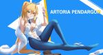  1girl absurdres animal_ears arm_support arm_up artoria_pendragon_(fate) artoria_pendragon_(swimsuit_ruler)_(fate) bare_shoulders blonde_hair blue_background blue_necktie blue_pantyhose blue_theme braid breasts buta_(sakana9785) center_opening character_name cleavage commentary detached_collar english_text fate/grand_order fate_(series) fishnet_pantyhose fishnets french_braid from_side full_body fur_(clothing) gold_trim green_eyes hair_between_eyes high_heels highres knee_up leotard long_hair looking_at_viewer medium_breasts navel necktie pantyhose parted_lips playboy_bunny ponytail rabbit_ears shoes shoes_removed short_necktie sidelocks sitting solo strapless strapless_leotard tiara very_long_hair white_footwear white_leotard wrist_cuffs yellow_headwear 