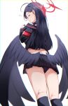  1girl absurdres black_hair black_serafuku black_socks black_wings blue_archive closed_eyes closed_mouth eighth_note feathered_wings feet_out_of_frame from_behind hair_ornament hairclip halo highres ichika_(blue_archive) kneehighs long_hair low_wings musical_note red_halo school_uniform serafuku simple_background socks solo white_background wings yumenoakagi 