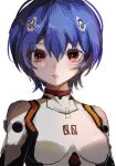  1girl ayanami_rei blue_hair bodysuit breasts closed_mouth commentary eyelashes hair_ornament highres light_frown medium_breasts neon_genesis_evangelion plugsuit red_eyes short_hair solo straight-on symbol-only_commentary upper_body white_background white_bodysuit xing_bi 