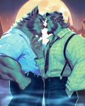  2boys animal_ears bara beard claws collared_shirt couple ego_rodriguez_(egothego) eye_contact facial_hair fingernails forearms from_side full_moon furry furry_with_non-furry huge_moon interspecies large_pectorals looking_at_another loose_necktie male_focus mature_male moon multiple_boys muscular muscular_male necktie original pants pectorals sharp_fingernails shirt short_hair smile thick_eyebrows transformation tusks werewolf wolf_ears 