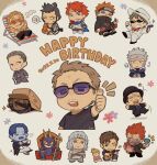  &gt;_&lt; 1girl 6+boys akatsuki_uniform brown_hair character_request chibi cigarette copyright_request cowboy_hat cropped_torso crossover dated demon dorohedoro earrings en_(dorohedoro) falling fedora floral_background goatee_stubble golden_kamuy grin happy_birthday hat headband_over_one_eye hiding highres holding_trident jewelry kikuta_mokutaro mask motion_lines multiple_boys multiple_crossover mushroom mustache_stubble naruto_(series) naruto_shippuuden no_eyebrows one_eye_closed one_piece pain_(naruto) rinnegan seductive_smile senju_tobirama smile spoken_squiggle squiggle sunglasses thick_mustache throne thumbs_up tonta_(tonta1231) 