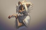  2023 anthro artist_name brown_body brown_fur canid canine digital_media_(artwork) fur grin hi_res hyilpi light lighting male mammal pawpads pink_pawpads shaded simple_background smile solo 