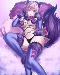  1girl animal_ear_fluff animal_ears bikini blush boots bow breasts claw_pose cross-laced_clothes curvy elbow_gloves embarrassed fake_nails fate/grand_order fate_(series) fingernails fur-trimmed_gloves fur-trimmed_thighhighs fur_bikini fur_collar fur_trim gloves gyoza_(pi512126) hair_over_one_eye heart heart_pillow highres lace-trimmed_thighhighs looking_at_viewer lying mash_kyrielight mash_kyrielight_(dangerous_beast) medium_breasts midriff narrow_waist navel official_alternate_costume on_back open_mouth pillow puffy_short_sleeves puffy_sleeves purple_bikini purple_eyes purple_gloves purple_hair purple_tail purple_thighhighs revealing_clothes sharp_fingernails short_hair short_sleeves solo swimsuit tail thick_thighs thigh_boots thighhighs thighs thong waist_bow wide_hips wolf_ears wolf_tail 