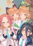  4girls :d absurdly_long_hair absurdres animal_ear_headphones animal_ears aris_(blue_archive) black_hair blue_archive blue_eyes blue_necktie blunt_bangs blurry braid cat_ear_headphones cheek-to-cheek coat collared_shirt commentary_request depth_of_field fake_animal_ears forehead from_above game_development_department_(blue_archive) green_eyes hair_between_eyes hair_ribbon hairband halo headphones heads_together highres indoors kuroliu_9021 light_brown_hair locker long_bangs long_hair long_sleeves looking_at_viewer looking_up midori_(blue_archive) momoi_(blue_archive) multiple_girls necktie one_eye_closed one_side_up open_clothes open_coat parted_bangs purple_eyes red_hair ribbon school_uniform selfie shirt short_hair siblings sidelocks single_braid smile tress_ribbon twins very_long_hair white_coat white_shirt yuzu_(blue_archive) 