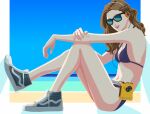  1girl bikini blue_bikini brown_hair cassette_player day fukuyoshi_rokka full_body hand_on_own_knee headphones knees_up lipstick looking_at_viewer makeup medium_hair original parted_lips red_lips reflection shoes sitting sneakers solo sunglasses swimsuit walkman 