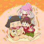  4girls baby blouse brown_eyes brown_hair dobusu_(osomatsu-san) fat grey_shirt hair_ribbon hairband hashimoto_nyaa holding_baby low_twintails mother_and_daughter motherly multiple_girls onesie osomatsu-san pants pink_hair plaid plaid_skirt ponytail ribbon seiza shirt short_twintails show_chiku-by simple_background sitting skirt sleeveless sleeveless_shirt smile sweater sweatpants thick_lips tongue tongue_out turtleneck twintails yowai_totoko 