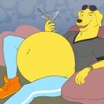  2023 absurd_res anthro belly big_belly bojack_horseman bottomwear canid canine canis clothed clothing cocktail_glass container cup domestic_dog drinking_glass eggo21 eyewear eyewear_on_head fangs food footwear fruit fur glass glass_container glass_cup half-closed_eyes hi_res holding_cocktail holding_glass holding_object leaning leaning_back liquid looking_at_viewer male mammal mr._peanutbutter narrowed_eyes navel netflix olive_(fruit) open_mouth pants plant shirt shoes sitting smile smiling_at_viewer solo sunglasses sunglasses_on_head teeth tongue toothpick topwear wristband yellow_body yellow_fur 
