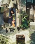  1girl animal apron cat green_apron highres house looking_at_another orange_cat orange_fur original plant potted_plant shirt sign simz stone_floor striped striped_shirt 