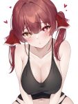  1girl :/ bare_shoulders black_panties blush breasts cleavage closed_mouth collarbone covered_nipples hair_ribbon heart heart-shaped_pupils heterochromia highres holika_baby hololive houshou_marine large_breasts long_hair looking_at_viewer navel panties pout red_eyes red_hair ribbon shirt sleeveless sleeveless_shirt solo spaghetti_strap steam symbol-shaped_pupils twintails underwear virtual_youtuber white_background yellow_eyes 