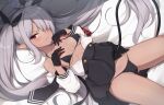  1girl bed_sheet black_gloves black_necktie black_skirt black_tail blue_archive blush breasts closed_mouth gloves grey_hair hair_over_one_eye halo highres iori_(blue_archive) long_hair long_sleeves looking_at_viewer miso_(misomiso_154) necktie pleated_skirt pointy_ears purple_halo red_eyes skirt small_breasts solo twintails 
