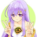  1girl bare_shoulders circlet commentary_request double_v dress fire_emblem fire_emblem:_genealogy_of_the_holy_war hands_up julia_(fire_emblem) large_hands long_hair purple_eyes purple_hair simple_background smile solo v yukia_(firstaid0) 