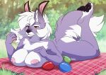  absurd_res anthro ashley-arctic-fox big_breasts breast_squish breasts canid canine canis easter egg fake_ears fake_rabbit_ears female hi_res holidays lucy_dancer lying mammal on_front paws smile smiling_at_viewer solo squish tail thick_thighs wolf 