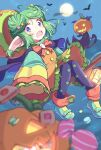  1girl bat_(animal) black_cape blue_eyes bow broom broom_riding cape double_bun food ghost_ornament green_footwear green_sweater hair_bun halloween highres jack-o&#039;-lantern jazz_grace lantern lidelle_(puyopuyo) macaron open_mouth orange_bow pantyhose pointy_ears popoi_(puyopuyo) print_pantyhose pumpkin_on_head puyopuyo puyopuyo_fever sleeves_past_fingers sleeves_past_wrists star_(symbol) star_ornament star_print sweater 