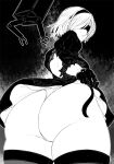  1girl 2b_(nier:automata) ass back_cutout blindfold clothing_cutout cowboy_shot curvy gloves greyscale hairband haseru_(ginku_mh) huge_ass monochrome nier:automata nier_(series) panties parted_lips puffy_sleeves short_sleeves solo thighhighs underwear 
