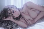  1girl bare_shoulders black_hair blush bra breasts cleavage collarbone highres large_breasts long_hair looking_at_viewer love_cacao lying on_bed on_side original parted_lips purple_eyes smile solo underwear underwear_only white_bra 