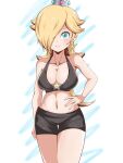  1girl bare_shoulders black_bra black_shorts blonde_hair blue_eyes bra breasts brooch cleavage collarbone cowboy_shot crown earrings hair_over_one_eye highres jewelry large_breasts long_hair looking_at_viewer mario_(series) navel rosalina short_shorts shorts simple_background smile solo sports_bra star_(symbol) star_brooch star_earrings underwear yass_8mk 