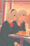  1boy 1girl 2b_(nier:automata) 9s_(nier:automata) absurdres black_hairband black_jacket blonde_hair blue_eyes blue_pants blue_skirt blue_sweater commentary couple cup disposable_cup drinking_straw dusk eating english_commentary fast_food food hairband highres holding holding_food jacket mcdonald&#039;s neckerchief necktie nier:automata nier_(series) open_mouth pants parody plaid plaid_pants plaid_skirt product_placement red_neckerchief red_necktie shirl_geem shirt sitting skirt striped_neckerchief striped_necktie sweater table tray white_shirt window yoru_mac 