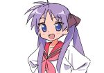  1girl blue_eyes commentary hands_on_hips highres hiiragi_kagami long_hair lucky_star nyus0721 purple_hair red_sailor_collar ryouou_school_uniform sailor_collar school_uniform serafuku simple_background smile solo twintails upper_body white_background 