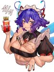  1girl :d absurdres antennae blue_eyes blue_hair blush breasts cleavage food gradient_hair hand_on_own_chest highres large_breasts maid maid_headdress multicolored_hair original parted_lips pocky pocky_day short_hair short_sleeves simple_background smile solo tomatolover16 upper_body white_background 
