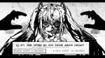  1girl blood blood_on_face collared_shirt crazy_eyes english_text greyscale hatsune_miku highres juniper_(artist) letterboxed long_hair looking_at_viewer monochrome necktie reaching shirt teeth twintails upper_body vocaloid 