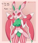  &lt;3 2022 anthro areola arthropod blush breasts clothed clothing dialogue digital_media_(artwork) dmoon elemental_creature english_text eyes_closed female flora_fauna generation_7_pokemon genitals green_body green_nipples hi_res insect lurantis nintendo nipples nude open_mouth pink_body plant pokemon pokemon_(species) pussy question_mark simple_background smile solo speech_bubble text thick_thighs white_body wide_hips 