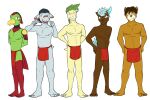  3:2 anthro anthrofied bayleef bottomwear clothed clothing fuze generation_2_pokemon group hi_res loincloth loincloth_only male navel nintendo nipples phanpy pokemon pokemon_(species) pokemorph sneasel teddiursa topless xatu 