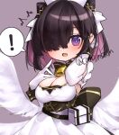  ! 1girl ^^^ adjusting_hair azur_lane bell belt_pouch black_hair blush breasts cleavage cleavage_cutout clothing_cutout colored_inner_hair cone_hair_bun cowbell double_bun dress elbow_gloves feathered_wings gloves hair_bun hair_over_one_eye hair_ribbon hands_up hat highres jervis_(azur_lane) koma_mksm large_breasts looking_at_viewer multicolored_hair neck_bell nurse_cap open_mouth pointing pointing_at_self pouch purple_eyes purple_hair ribbon short_hair simple_background solo surprised twitter_username upper_body white_dress white_gloves white_ribbon white_wings wings 