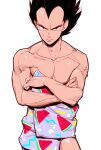  1boy bara cowboy_shot crossed_arms dragon_ball dragon_ball_z food food_print fruit highres looking_at_viewer male_focus muscular muscular_male naked_towel pectorals receding_hairline short_hair sideburns solo spiked_hair stomach supobi sweat sweating_profusely thick_eyebrows towel vegeta watermelon watermelon_print watermelon_slice 