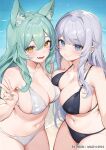  2girls animal_ear_fluff animal_ears bare_arms bare_shoulders beach bikini black_bikini blue_eyes breast_press breasts cleavage closed_mouth collarbone commentary covered_nipples cowboy_shot fangs fox_ears green_hair hair_between_eyes halterneck large_breasts long_hair looking_at_viewer machi_(7769) mole mole_on_breast multiple_girls nail_polish navel open_mouth original skindentation smile standing stomach strap_gap string_bikini swimsuit symmetrical_docking thighs v very_long_hair white_bikini white_hair yellow_eyes 