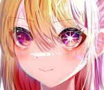  1girl blonde_hair blush close-up closed_mouth commentary_request eye_focus hair_between_eyes highres hoshino_ruby looking_at_viewer mismatched_pupils oshi_no_ko partial_commentary purple_eyes solo star-shaped_pupils star_(symbol) symbol-shaped_pupils toripurusebun 
