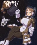  1girl aqua_eyes borrowed_character breasts brown_hair coffee covered_navel cup fishbowl_helmet hand_up highres large_breasts linette_(barleyshake) looking_at_viewer multicolored_hair original pitcher_(container) smile solo_focus space star_(sky) streaked_hair zznakuu 
